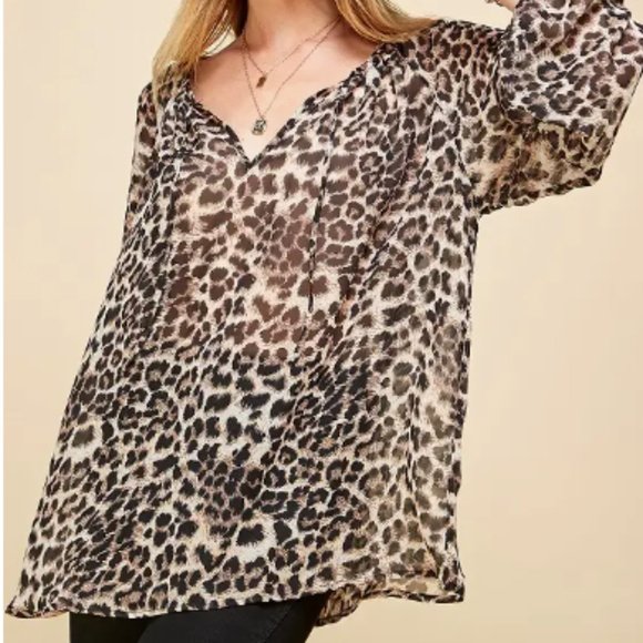 Sheer Leopard Tunic with Tie Detail at Neck - Picture 3 of 3
